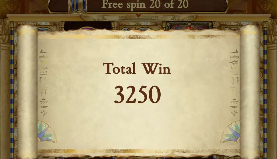 Book of Dead closing scroll of the free spins reading 3250