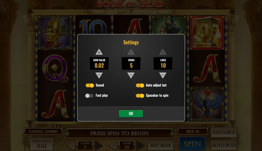Book of Dead settings panel with the coin value, coins per