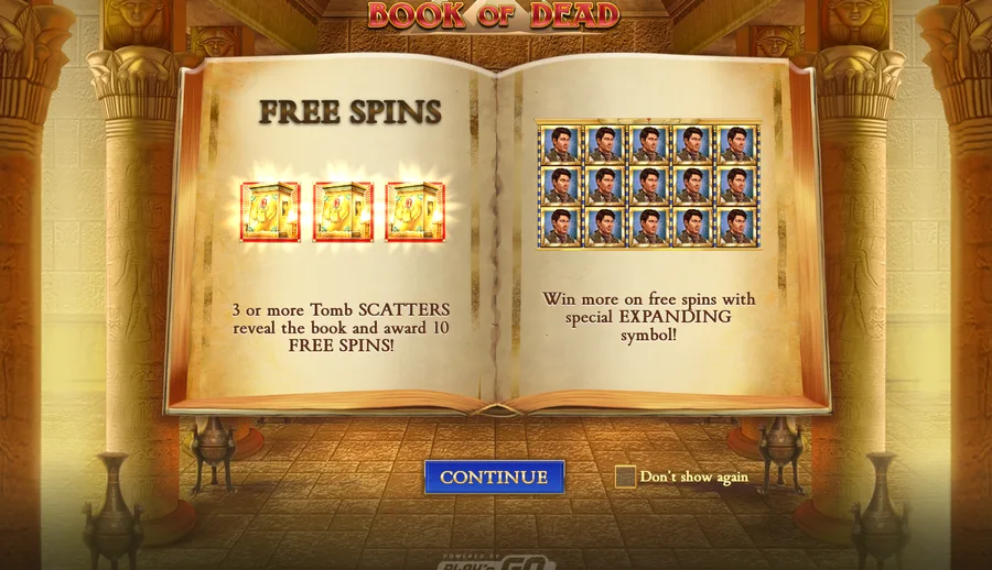 Book of Dead intro screen explaining the free spins trigger
