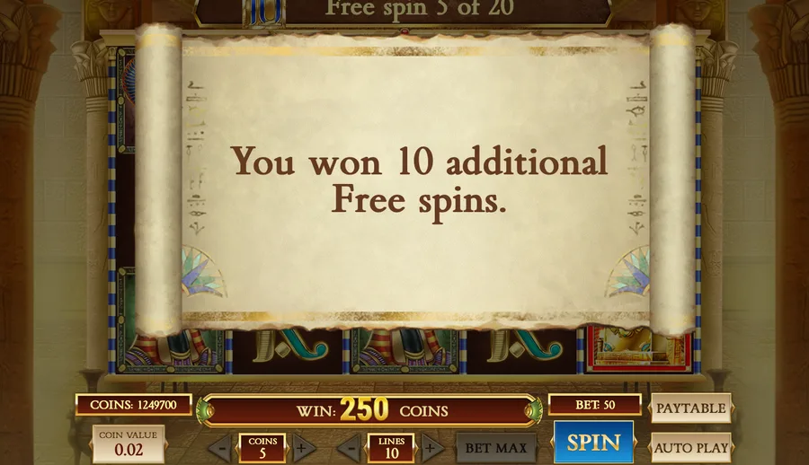 Book of Dead scroll announcing ten additional free spins dur